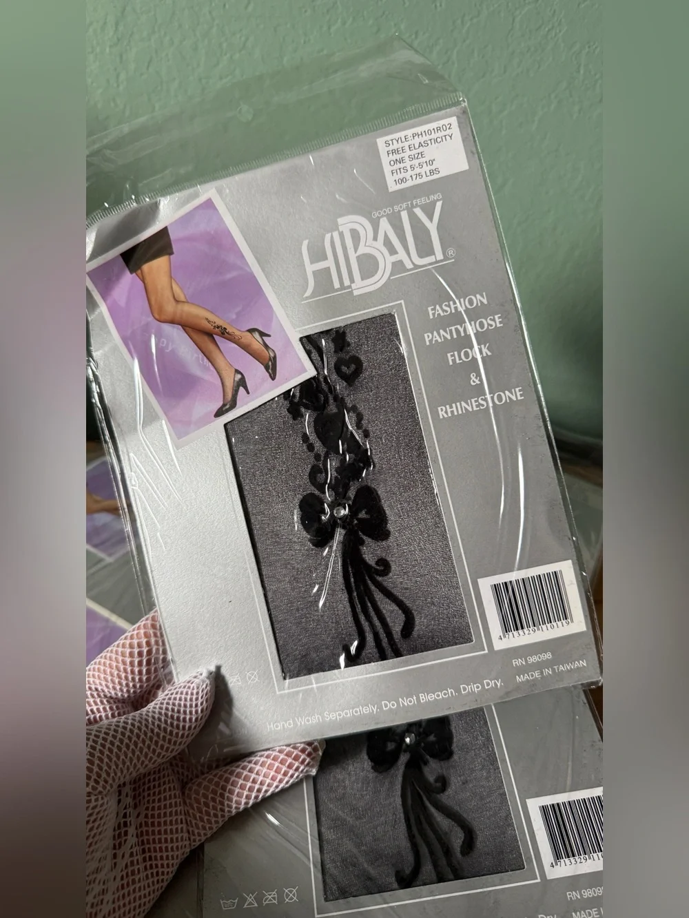Lot of 6 HIBALY Flocked Rhinestone Pantyhose Black One Size NOS Vintage